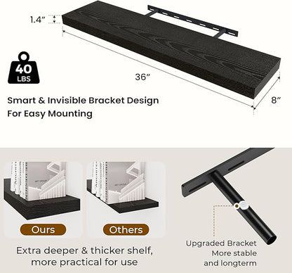 Dreamland 36 Inch Long Floating Shelves in Black,8 Inch Deep Floating Shelf for Wall,Large Display & Storage Shelf, Wall Shelf for Bathroom Bedroom Living Room Kitchen Office，Set of 2