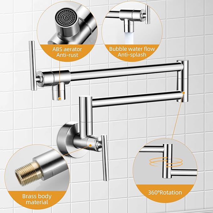 Fransiton Brushed Nickel Pot Filler, Pot Filler Faucet Wall Mount, Brass Folding Stretchable with Double Joint Swing Arm Single Hole Two Handles Kitchen