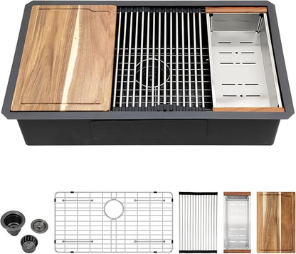 33 Inch Black Undermount Kitchen Sink Workstation- Couoko Matte Black 16 Gauge T304 Stainless Steel Single Bowl Undermount Sinks NANO PVD Large Deep Handmade Round Corner Sinks Basin, 33"x19"x9"