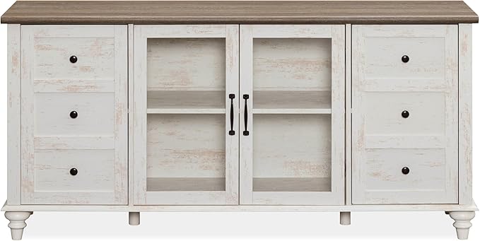 WAMPAT Sideboard Buffet Cabinets with Glass Door, Kitchen Storage Cabinets, Wood Coffee Bar Tables, Accent Sideboard Storage Cabinet for Dining Room, Living Room, Rustic White