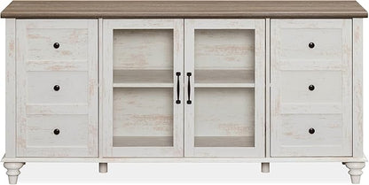 WAMPAT Sideboard Buffet Cabinets with Glass Door, Kitchen Storage Cabinets, Wood Coffee Bar Tables, Accent Sideboard Storage Cabinet for Dining Room, Living Room, Rustic White