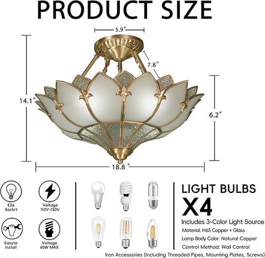 18.9" Vintage Pendant Light Fixture, 4-Light Semi Flush Mount Ceiling Light, Handmade Glass Ceiling Light Fixture for Foyer Entryway Stairway (Minimalist)