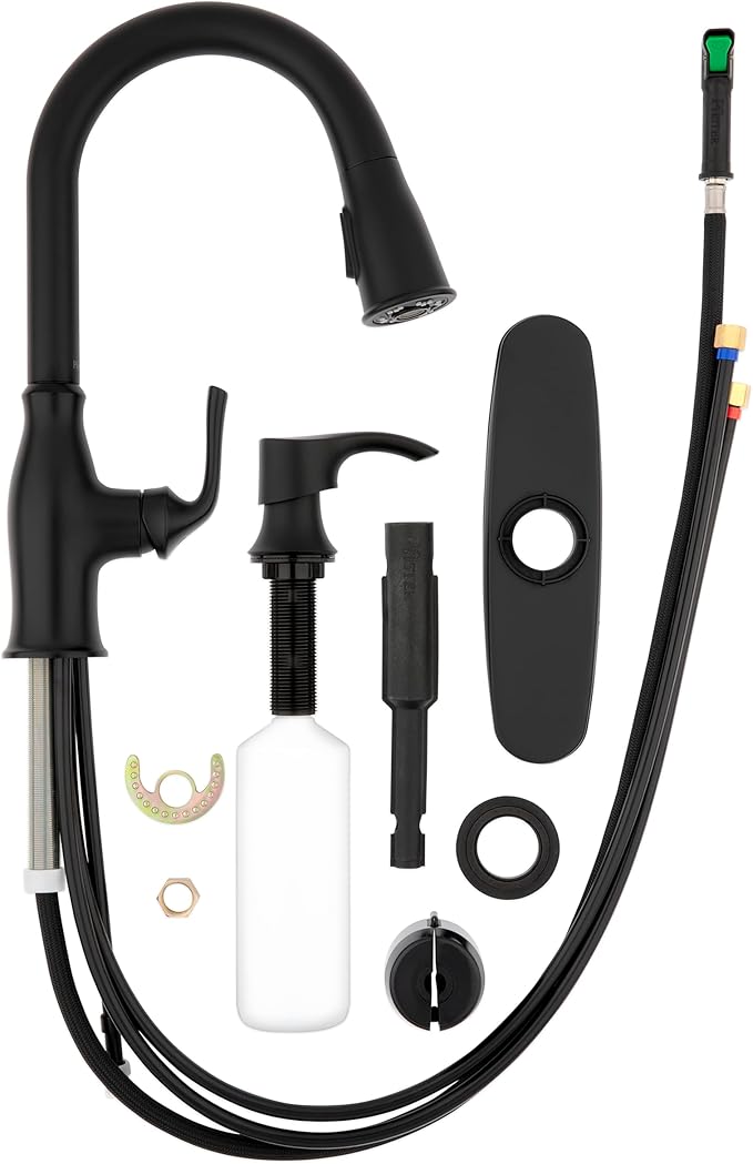 Pfister Rosslyn Kitchen Faucet with Pull Down Sprayer and Soap Dispenser, Single Handle, High Arc, NSF Certified, Matte Black Finish, F5297RSSRB