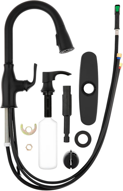 Pfister Rosslyn Kitchen Faucet with Pull Down Sprayer and Soap Dispenser, Single Handle, High Arc, NSF Certified, Matte Black Finish, F5297RSSRB