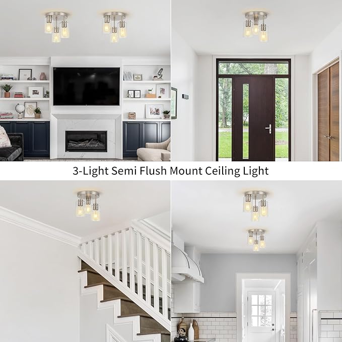 Semi Flush Mount Ceiling Light Fixture Brushed Nickel Flush Mount Ceiling Light with Seeded Glass Shades, 3-Light Modern Ceiling Light for Kitchen Hallway Entryway Island Bedroom