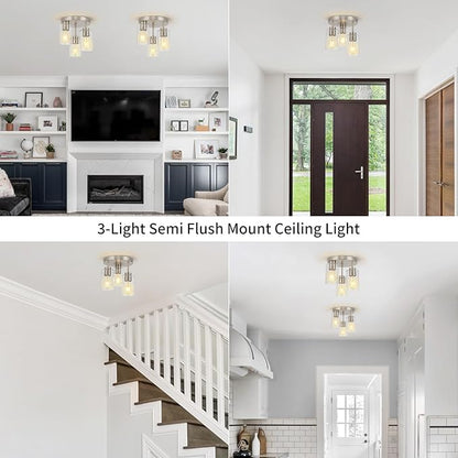 Semi Flush Mount Ceiling Light Fixture Brushed Nickel Flush Mount Ceiling Light with Seeded Glass Shades, 3-Light Modern Ceiling Light for Kitchen Hallway Entryway Island Bedroom