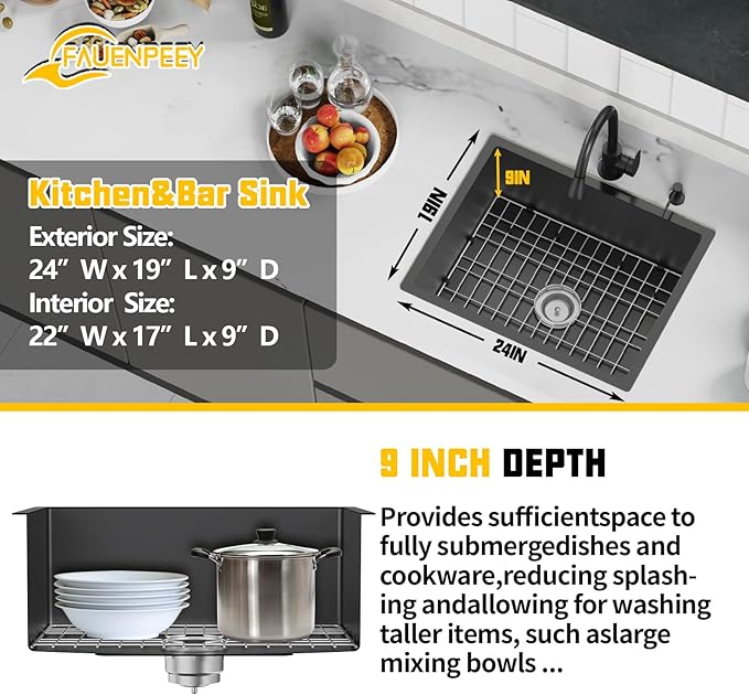 Black 24x19 Inch Undermount Kitchen Sink-Stainless Steel Single Bowl Drop In Kitchen Sink Stylish And Modern Look With Bottom Grid,Silicon Mat And Drain Assembly Add Elegance & Enhance Usability