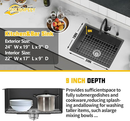 Black 24x19 Inch Undermount Kitchen Sink-Stainless Steel Single Bowl Drop In Kitchen Sink Stylish And Modern Look With Bottom Grid,Silicon Mat And Drain Assembly Add Elegance & Enhance Usability