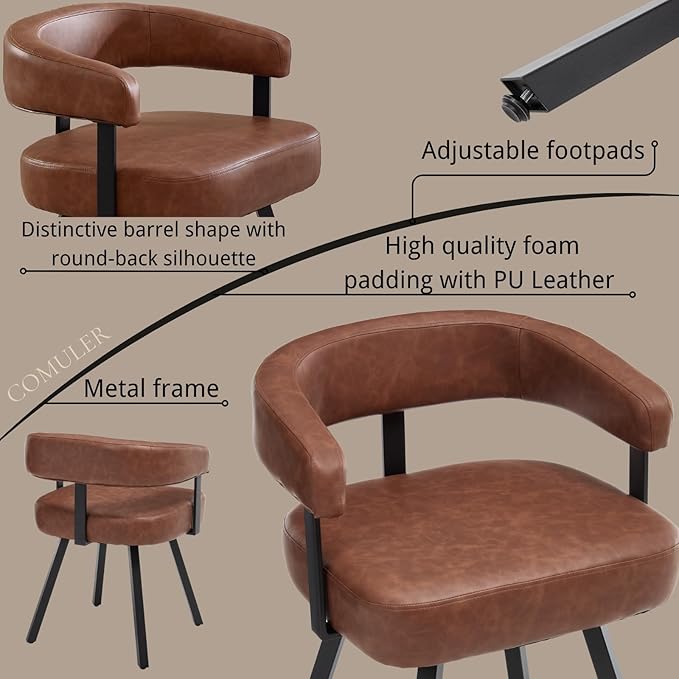 Modern Barrel Dining Chairs Set of 2, Brown PU Leather Upholstered Dining Room Chairs with Arms, Comfy Kitchen Chairs with Black Metal Legs for Dinner Living Room