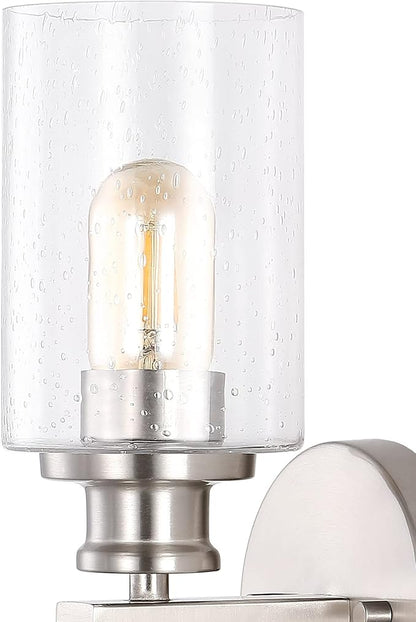 JONATHAN Y 16.5" Nickel 2-Light LED Wall Sconce, Modern Farmhouse Vanity Light with Seeded Glass Shade, Industrial Iron Fixture for Bathroom Mirror, LED Bulbs Included (JYL7577C)