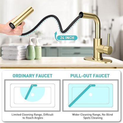 Bathroom Sink Faucet with 4 Mode Pull Down Sprayer, Brushed Gold Single Handle Pull Out Faucet with Pop-Up Drain, 1 or 3 Hole Laundry Bar Basin Faucet with Deck Plate