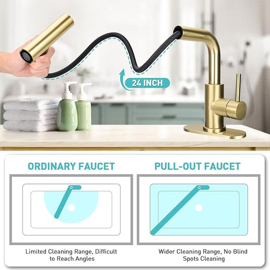 Bathroom Sink Faucet with 4 Mode Pull Down Sprayer, Brushed Gold Single Handle Pull Out Faucet with Pop-Up Drain, 1 or 3 Hole Laundry Bar Basin Faucet with Deck Plate