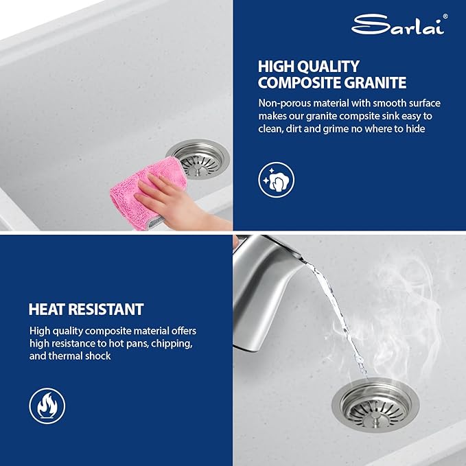 Sarlai 30 Granite Composite Kitchen Sink - 30 x 19 Inch Granite Undermount Kitchen Sink Ledge Workstation Under-Mount White Quartz Classic Single Bowl Sinks Under Counter Basin