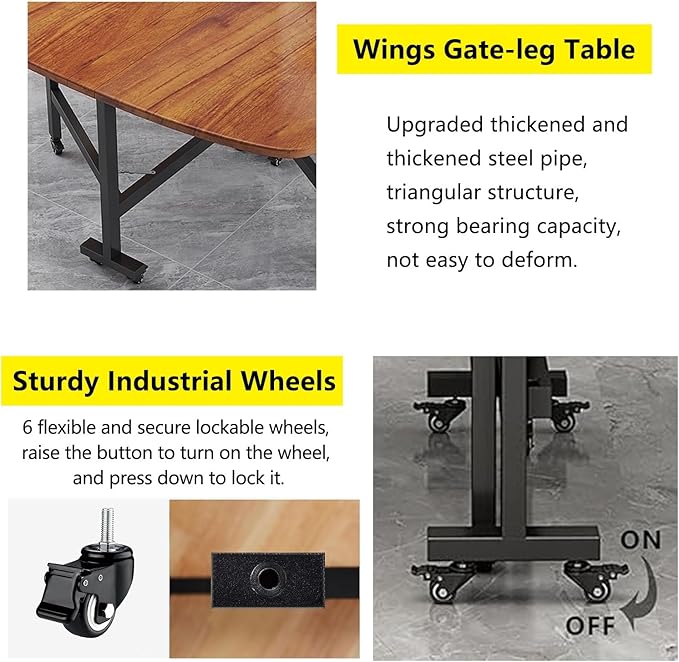 Multifunction Table Drop Leaf Dining Table 47.2×27.6/31.5×29.5in Wooden Foldable Kitchen Table with 6 Wheels (Brown) Folding Kitchen Table with Solid Wood Legs, Farmhouse Extendable Table for 8 People
