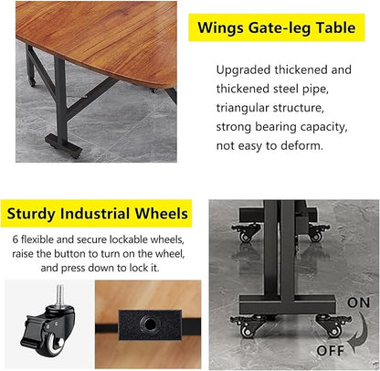 Multifunction Table Drop Leaf Dining Table 47.2×27.6/31.5×29.5in Wooden Foldable Kitchen Table with 6 Wheels (Brown) Folding Kitchen Table with Solid Wood Legs, Farmhouse Extendable Table for 8 People