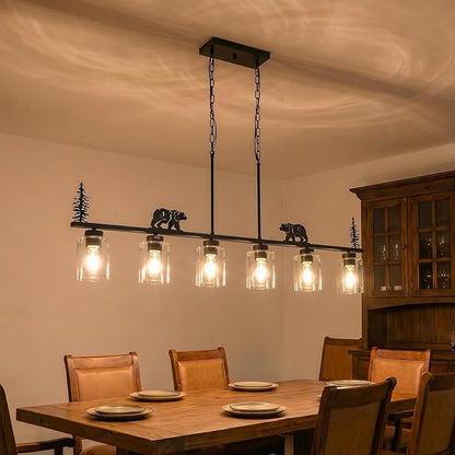 Dining Room Light Fixture/Chandelier Over Table,6-Light Kitchen Island Lighting Hanging for Farmhouse Linear Chandeliers Black Rustic Ceiling Pendant Light Fixtures with Clear Glass Shade