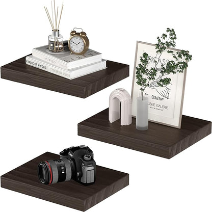 PopiShelves Small Floating Shelves for Wall - 12 x 9 Inch Rustic Brown Shelves for Bedroom, Living Room, Bathroom, Kitchen, Office Decor Set of 3
