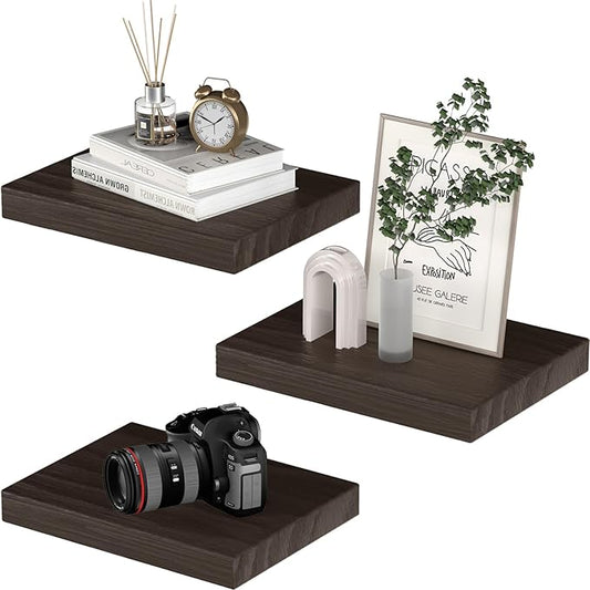 PopiShelves Small Floating Shelves for Wall - 12 x 9 Inch Rustic Brown Shelves for Bedroom, Living Room, Bathroom, Kitchen, Office Decor Set of 3