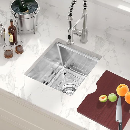 13 x 15 Undermount Bar Sink Workstation, 18 Gauge Stainless Steel Bar Small Sink - 9 Inches Deep Basin Single Bowl with Accessories