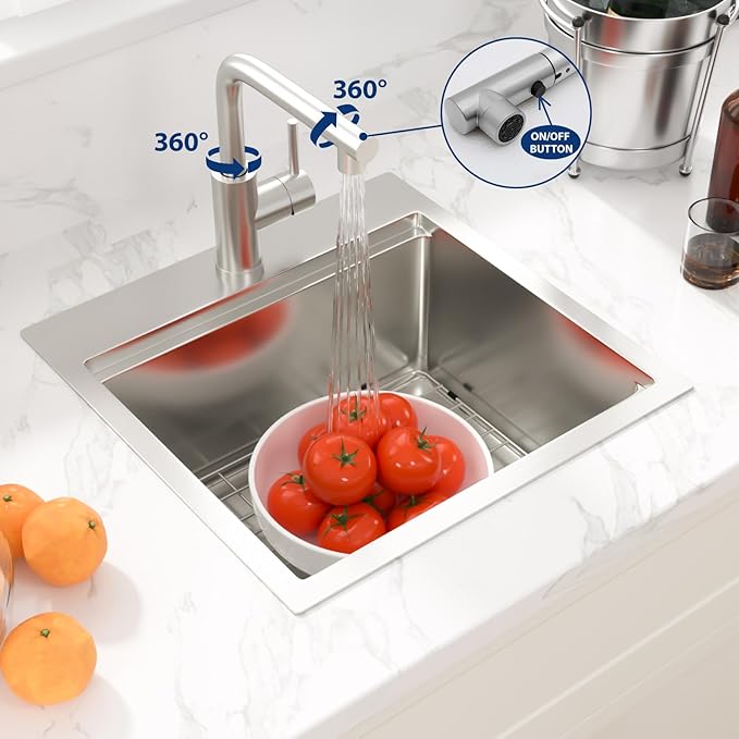 Sarlai Drop Bar Sink - 18 Inch Outdoor Kitchen Sink with Pull-out Faucet Drop In Workstation 18 x 18 Topmount Stainless Steel 16 Gauge Single Bowl Bar Prep RV Outdoor Sinks Basin