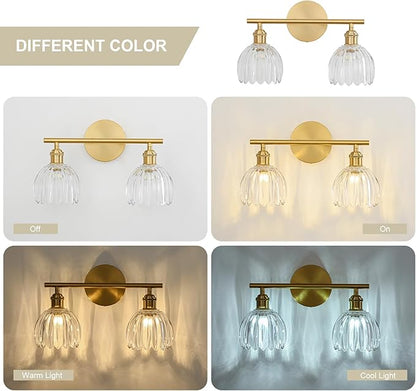 Gold Bathroom Light Fixtures Over Mirror, 2 Light Bathroom Vanity Light Fixture with Tulip Transparent Glass Lampshade, Vintage Vanity Lights for Bathroom, Bathroom Vanity Lights Over Mirror