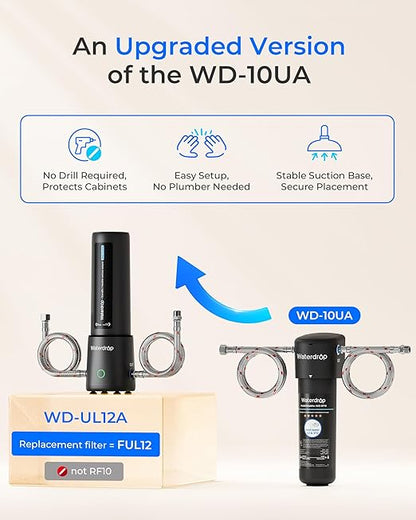 Waterdrop UL12A Under Sink Water Filter, Upgraded for 10UA, No Drill Required for Renters, Time Reminder, Easy Installation, Reduces Chlorine, Bad Taste & Odor, NSF/ANSI 42 Certified (Filter: FUL12)