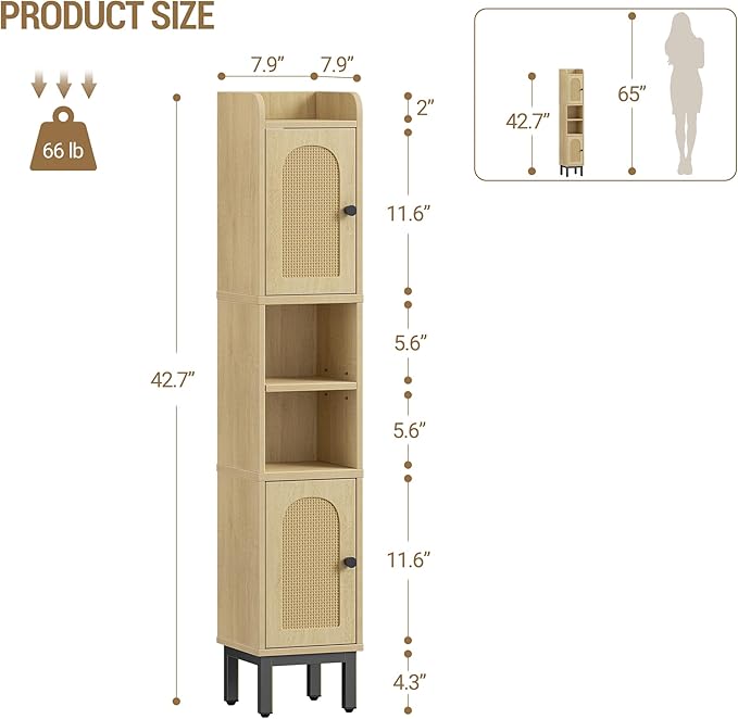 Hzuaneri Slim Bathroom Storage Cabinet, Narrow Bathroom Organizers and Storage with 4 Adjustable Feet, Laundry Room Organization for Small Space, Kitchen, Living Room, 2 Doors Rattan Yellow BC22402Y