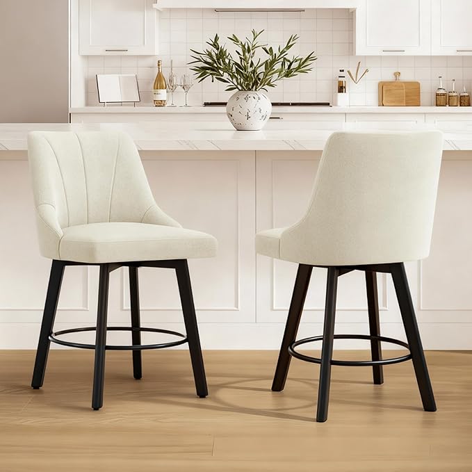 24" Counter Height Bar Stools Set of 4, Swivel Bar Stools with Backs, Fabric Upholstered Counter Barstools with Solid Wood Legs for Kitchen Island,Ivory