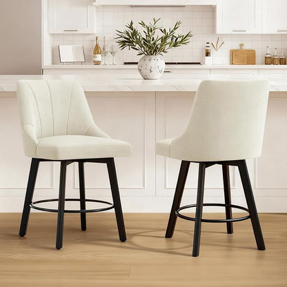 24" Counter Height Bar Stools Set of 4, Swivel Bar Stools with Backs, Fabric Upholstered Counter Barstools with Solid Wood Legs for Kitchen Island,Ivory