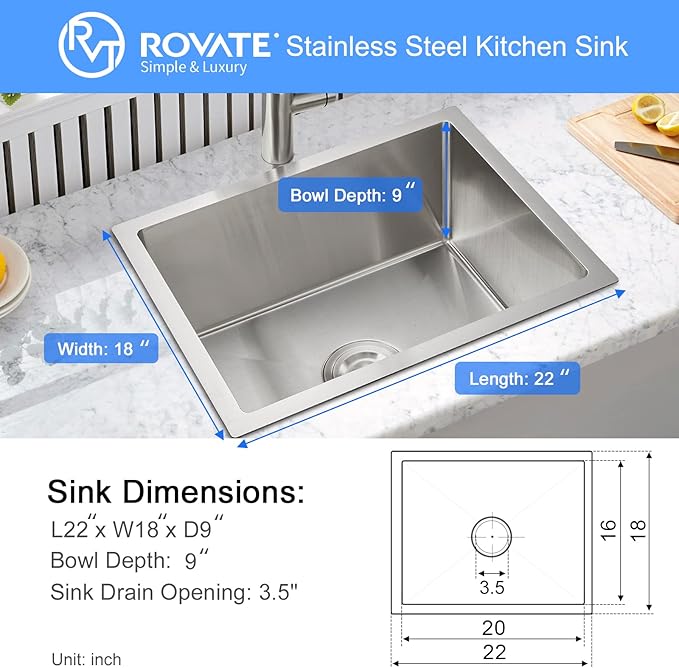 ROVATE 22 x 18 x 9 inch Kitchen Sink Undermount Single Bowl, 304 Stainless Steel Bar or Prep Kitchen Sink Handmade with Strainer