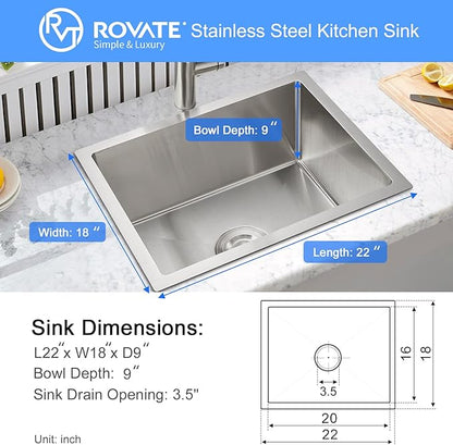 ROVATE 22 x 18 x 9 inch Kitchen Sink Undermount Single Bowl, 304 Stainless Steel Bar or Prep Kitchen Sink Handmade with Strainer