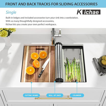 Kichae 25 Undermount Kitchen Sink - 25"x19" Kitchen Sink Ledge Workstation Stainless Steel Single Bowl Under Counter All In One Deep Basin Round Corner