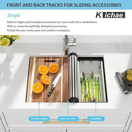 Kichae 25 Undermount Kitchen Sink - 25"x19" Kitchen Sink Ledge Workstation Stainless Steel Single Bowl Under Counter All In One Deep Basin Round Corner