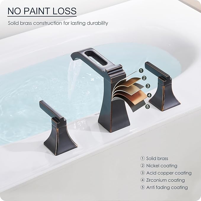 Oil Rubbed Bronze Bathroom Faucet 3 Hole, Brass Waterfall 8 Inch Widespread Bathroom Sink Faucet with Pop-Up Drain, cUPC Supply Lines, 2 Handles for Vanity, Farmhouse, Hollowed Design
