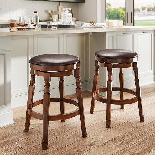 Giantex Swivel Bar Stools Set of 2, 24" Counter Height Bar Stools w/Faux Leather Padded Seat, Footrests, Solid Wooden Frame, Farmhouse Backless Barstools for Kitchen Island, Pub, Dining Room, Cafe