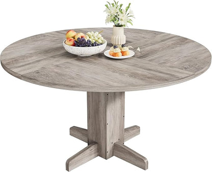 IDEALHOUSE Round Dining Table for 4-6 People, 47" Wood Kitchen Table with Sturdy Pedestal Base, Farmhouse Circle Dinner Tables for Dining Room, Living Room, Apartment, Grey