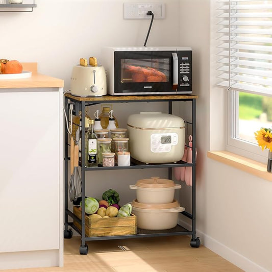 ThreeHio Rolling Kitchen Microwave Cart with Power Outlet, 3 Tier Microwave Table Stand with Storage, Kitchen Utility Cart on Wheels, Small Coffee Cart Shelf Rack Organizer for Living Room Office