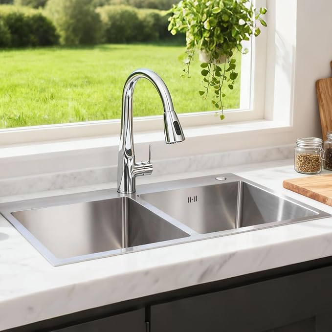 33" x 22" x 9" Drop-In Double Bowl Kitchen Sink, Topmount Stainless Steel with Satin Finish, Soundproofing & Protective Bottom Grid