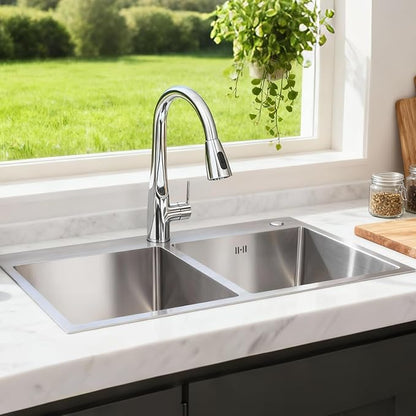 33" x 22" x 9" Drop-In Double Bowl Kitchen Sink, Topmount Stainless Steel with Satin Finish, Soundproofing & Protective Bottom Grid