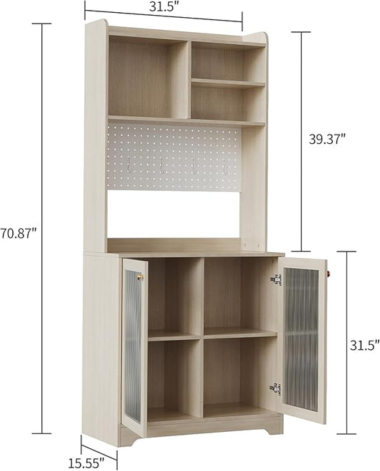 71" Kitchen Pantry Cabinet with Double Glass Doors and Pegboard, Wooden Cabinet with Open Shelves and Countertop,Kitchen Hutch with Storage for Dining Room or Living Room, Natural