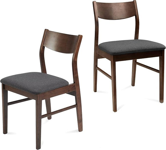Wood Kitchen Dining Set of 2 Mid-Century Farmhouse Chairs With Upholstered Seat & Curved Backrest - Solid Wooden Brown