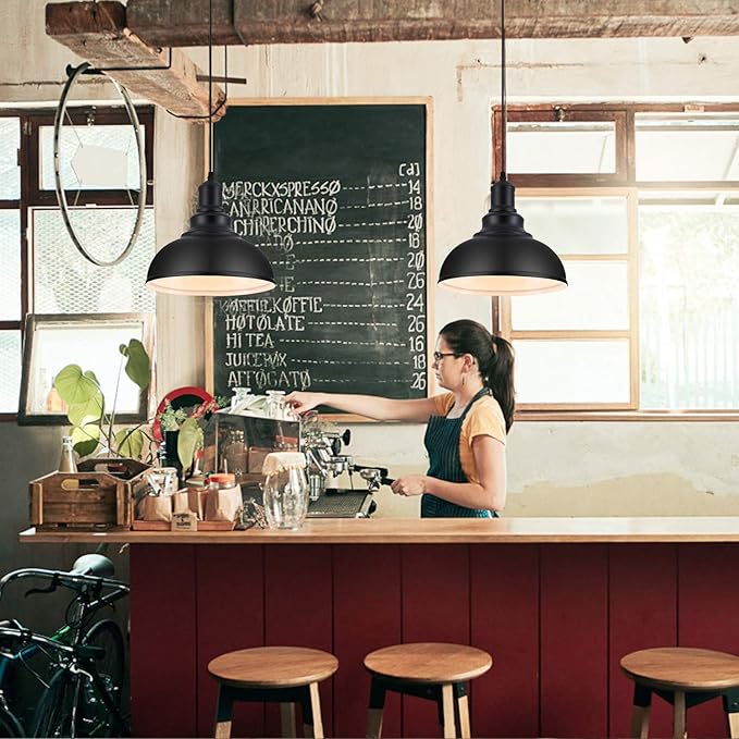LOEHINLE Pendant Lighting Vintage Industrial Fixtures, Black Metal Farmhouse Lights, Ceiling Lamp for Kitchen Home Island Dining Room Bedroom, 11.4 inches