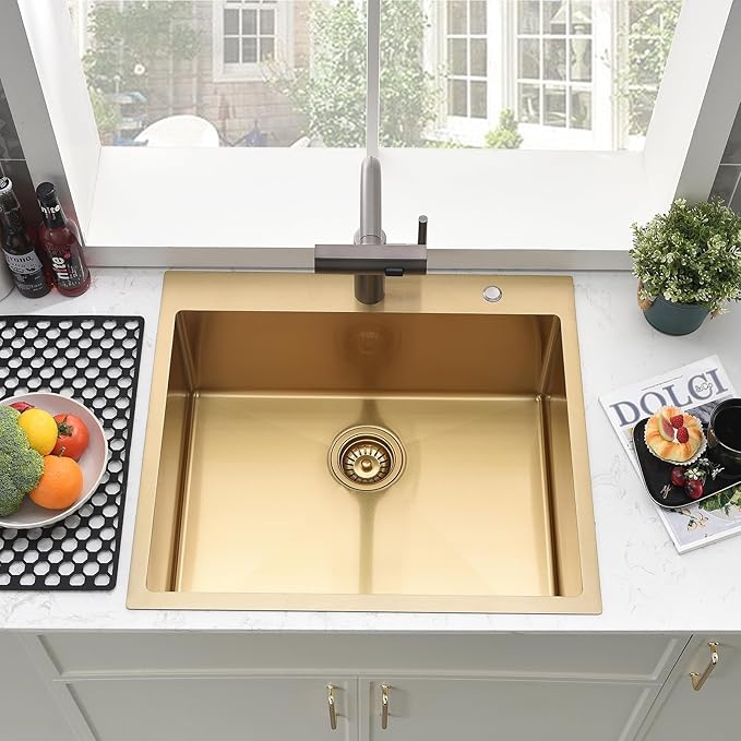 20 Inch Gold Drop In Kitchen Sink-Brovy 20x16 Gold Kitchen Sink Drop In with Faucet Combo Small Outdoor Rv 18 Gauge Stainless Steel Top Mount Single Bowl Wet Bar Sinks with Mat&Drainer