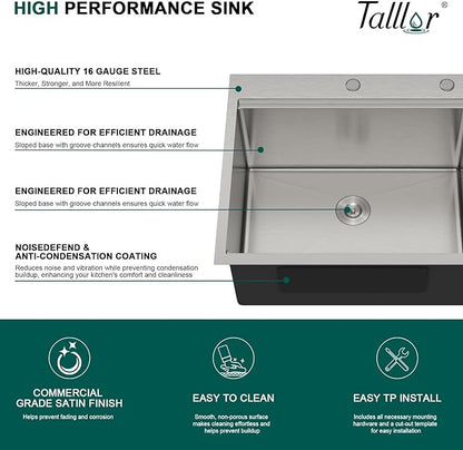 Outdoor Kitchen Sink - Drop In Utility Sink with Faucet Combo 25x22x12 Topmount Workstation 16 Gauge Stainless Steel Single Bowl Sinks for Laundry Room, Outdoor, Garage #TLT-0063