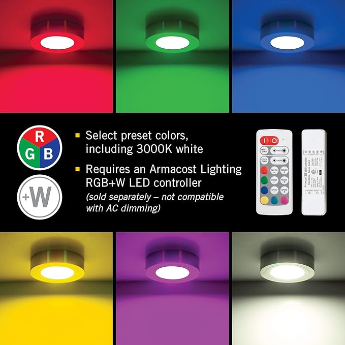 Armacost Lighting PureVue Dimmable LED Undercabinet Puck Light, RGB+W, Brushed Steel 263411