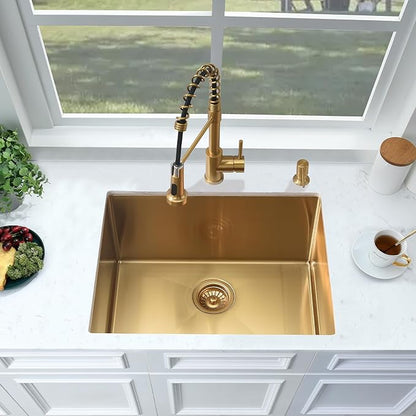 Undermount Gold Laundry Sink-Bokaiya 24"x18"x12" Gold Stainless Steel Laundry Room Sink Outdoor Utility 16 Gauge Single Bowl Kitchen Sink with Faucet Combo