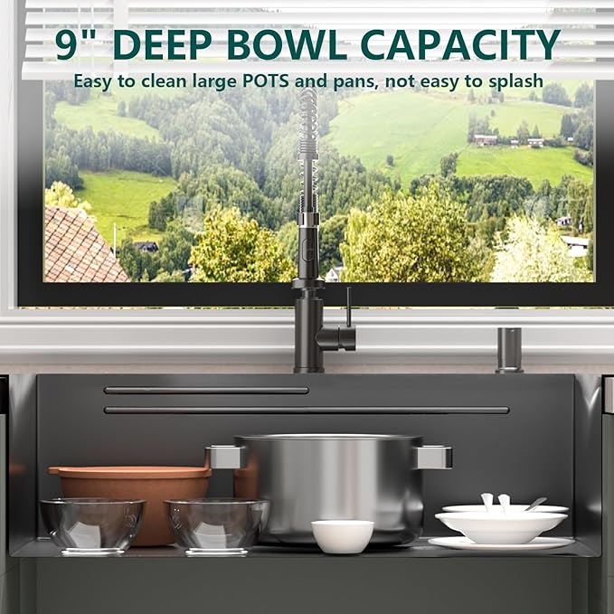 Stainless Steel Kitchen Sink with Faucet: 30-Inch Drop In Single Bowl Farmhouse Workstation Sink - Noise Reducing Design & Accessories Included (Black, 3018)