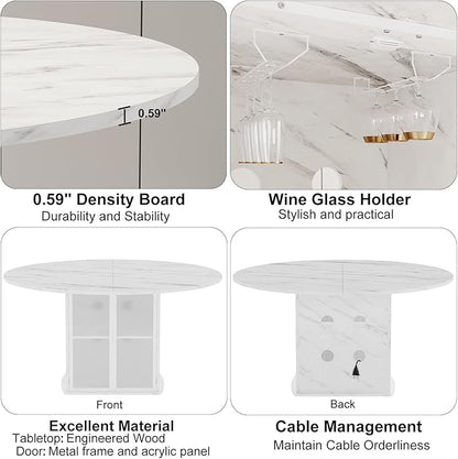 IBF 47" Round Dining Table with Storage, White Faux Marble Kitchen Tables for 4-6 People, Modern Dining Room Table with Fridge Space, Wood Circle Dinner Tables for Home, White Marble, Only Table