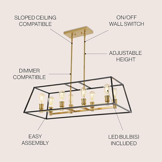 JONATHAN Y 35" Black/Brass Gold Farmhouse Industrial 8-Light Iron LED Pendant Light for Kitchen Island Dining Room, Modern Cage Lantern, Adjustable Height, 4 Bulbs Included (JYL6511A)