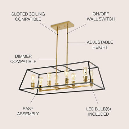 JONATHAN Y 35" Black/Brass Gold Farmhouse Industrial 8-Light Iron LED Pendant Light for Kitchen Island Dining Room, Modern Cage Lantern, Adjustable Height, 4 Bulbs Included (JYL6511A)